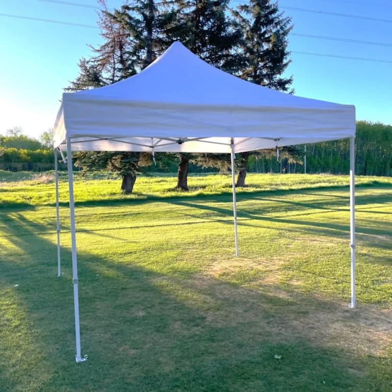 White Pop-Up-Canopy tent with open sides on a sunny outdoor lawn, supported by metal poles under a clear blue sky and trees.