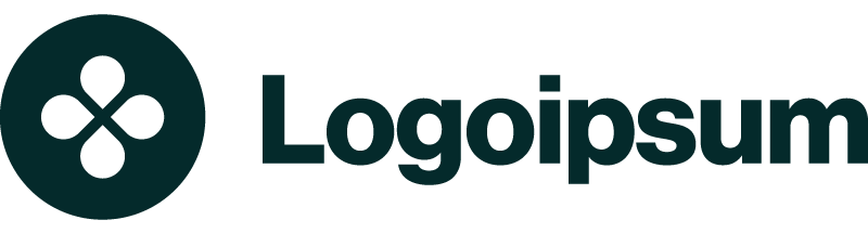 Dark teal LogoIpsum wordmark with circular icon containing three connected nodes, clean sans-serif branding on a solid background.