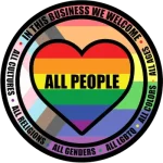 Circular pride emblem with a rainbow heart and bold “ALL PEOPLE” lettering, surrounded by inclusive text on a multicolor background.